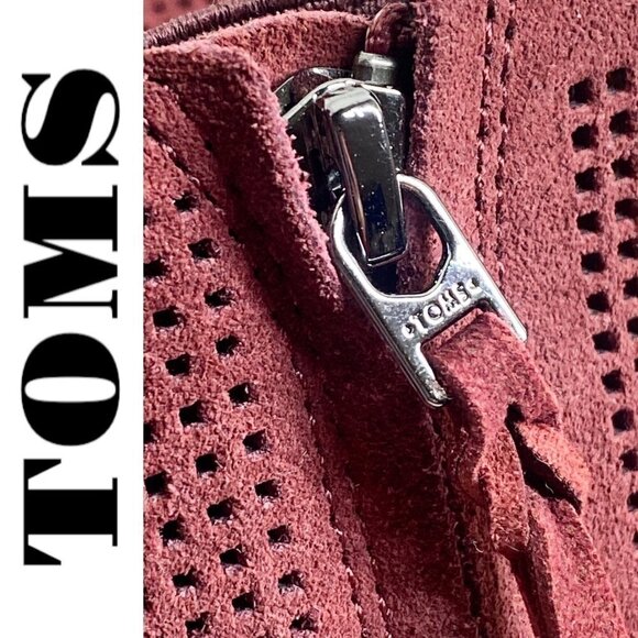 TOMS Majorca Peep Toe Burgundy Red Suede Perforated Ankle Bootie, Size 8.5 - Picture 7 of 10